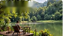 Bàn ghế gỗ bên hồ giữa rừng xanh