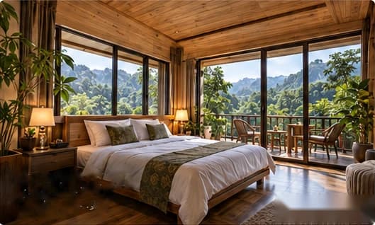 Phòng ngủ gỗ với cửa kính lớn nhìn ra núi rừng