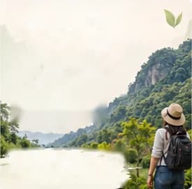 Du khách đội mũ, đeo balô ngắm thung lũng và núi rừng Cúc Phương