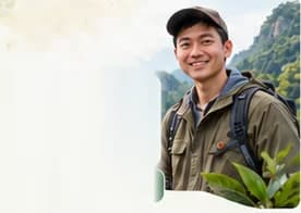 Hình minh họa người tư vấn đội mũ, đeo balô giữa núi rừng