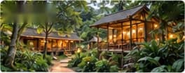 Cụm nhà gỗ lên đèn ấm giữa vườn cây xanh
