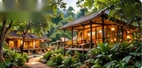 Cụm nhà gỗ lên đèn giữa rừng cây