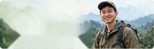 Hình minh họa người hướng dẫn đội mũ, đeo balô giữa núi rừng