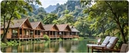 Dãy bungalow gỗ bên mặt hồ, núi rừng phía sau