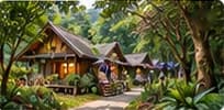 Bungalow gỗ giữa vườn cây xanh