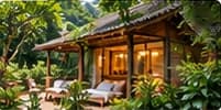 Nhà gỗ có hiên và ghế tắm nắng trong vườn