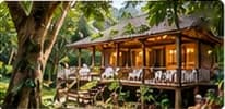 Nhà sàn gỗ lên đèn dưới tán cây