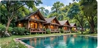 Dãy lodge gỗ bên hồ bơi giữa rừng cây
